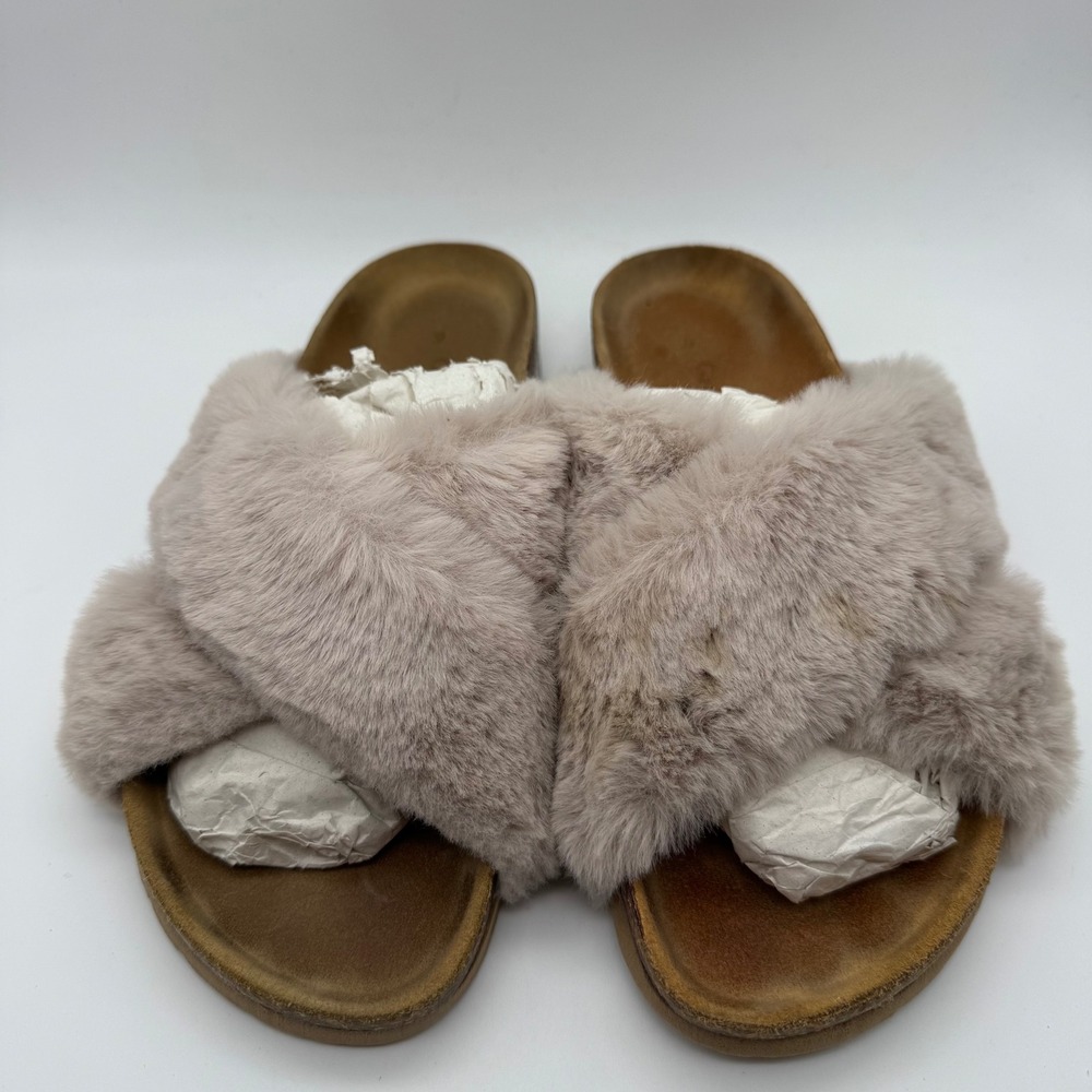 Garnet Hill Womens Faux Fur Crisscross Slide Sandals Taupe Made in Italy Size 9 - Picture 2 of 6
